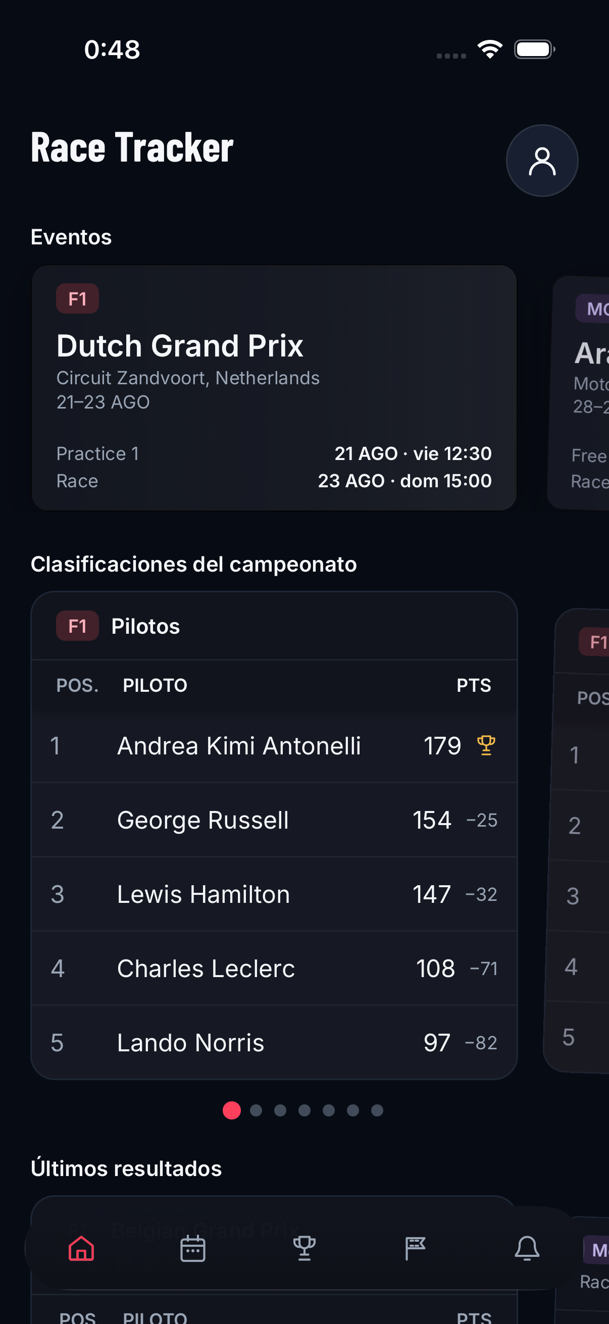 Pantalla de inicio de Race Tracker con próximos fines de semana y clasificación del campeonato