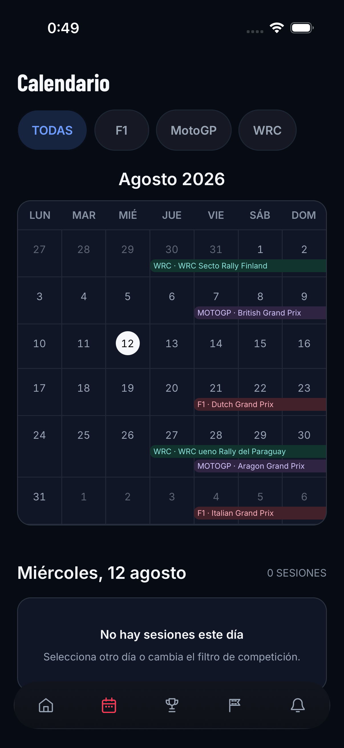 Pantalla de calendario con filtros de F1, MotoGP y WRC y eventos de agosto de 2026